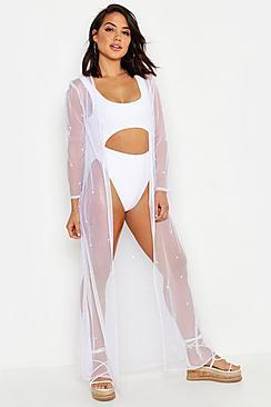 Boohoo Premium Pearl Embellished Beach Kimono