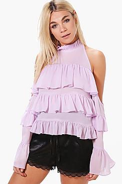 Boohoo Eleanor Ruffle Cold Shoulder Blouse