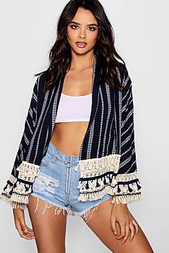 Boohoo Printed Tassel Crochet Kimono