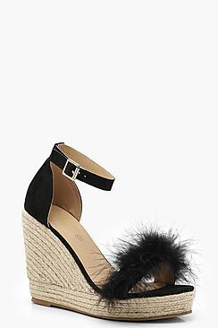 Boohoo Evie Feather Trim Espadrille Wedges