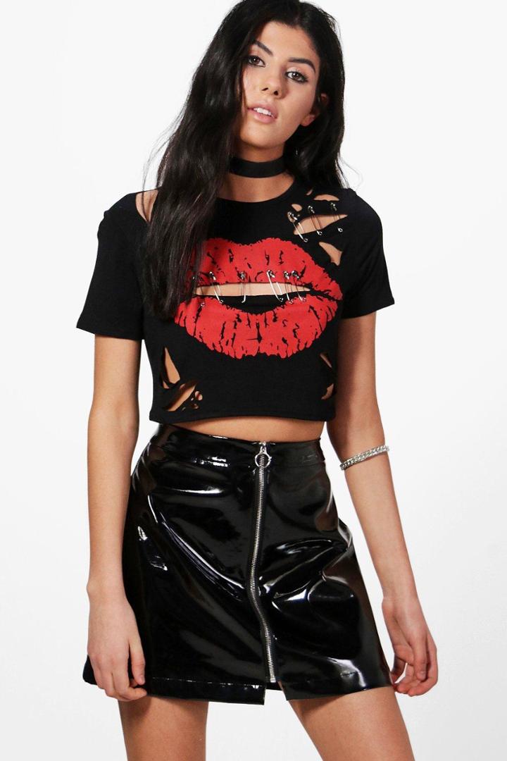 Boohoo Alexia Kiss Print Distressed Safety Pin Crop Black