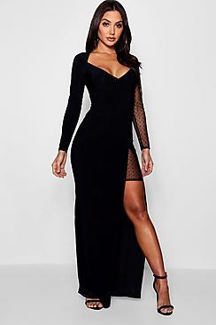 Boohoo Veronica Dot Mesh Contrast Split Maxi Dress