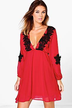 Boohoo Ida Applique Plunge Chiffon Skater Dress