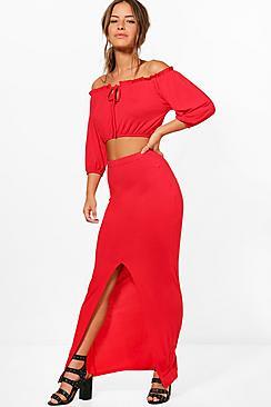 Boohoo Petite Teri Off The Shoulder + Maxi Skirt Co-ord