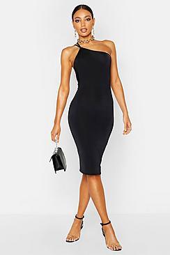 Boohoo One Shoulder Ruched Slinky Midi Dress