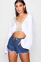 Boohoo Petite Balloon Sleeve Lace Up Crop Top