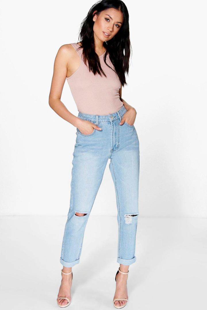 Boohoo Sophie High Waist Bleached Mom Jeans Blue