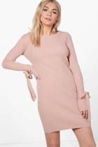 Boohoo Ria Tie Cuff Rib Knit Bodycon Dress Nude