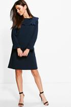 Boohoo Rosie Ruffle Neck & Cuff Tailored Dress Navy