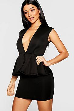 Boohoo Bonded Scuba Peplum Mini Dress