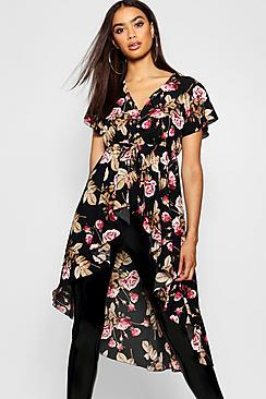 Boohoo Woven Floral Button Detail High Low Hem Blouse