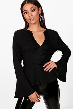 Boohoo Macie Lace Plunge Woven Peplum Top