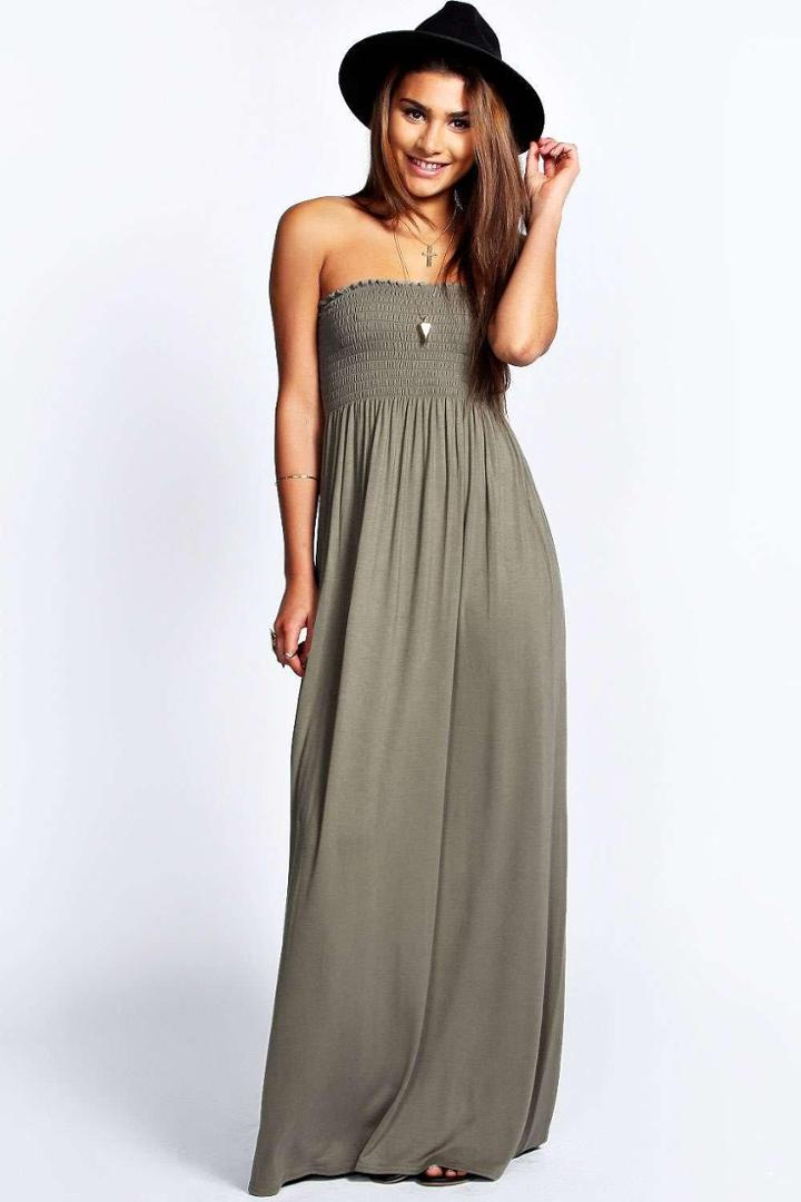 Boohoo Shelley Shirred Bandeau Maxi Dress Khaki