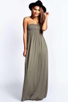 Boohoo Shelley Shirred Bandeau Maxi Dress Khaki
