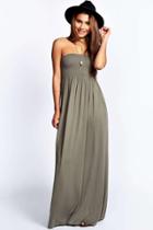 Boohoo Shelley Shirred Bandeau Maxi Dress Khaki