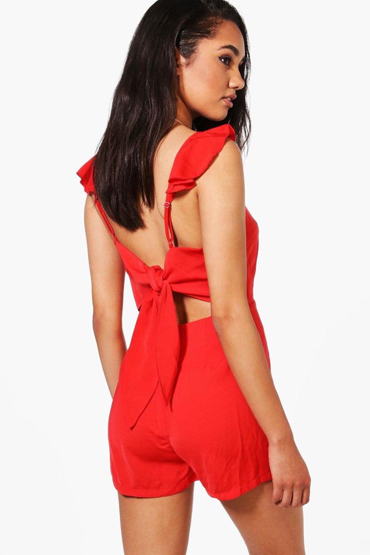 Boohoo Petite Abi Ruffle Shoulder Backless Woven Playsuit Tomato