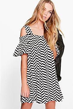 Boohoo Emily Zig-zag Print Cold Shoulder Swing Dress