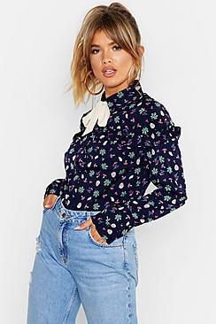 Boohoo Floral Tie Collar Blouse