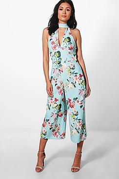 Boohoo Ria High Neck Floral Culotte Jumpsuit