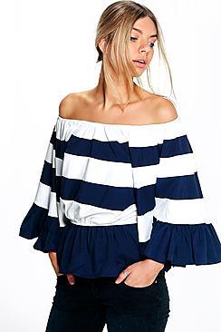Boohoo Striped Off The Shoulder Top