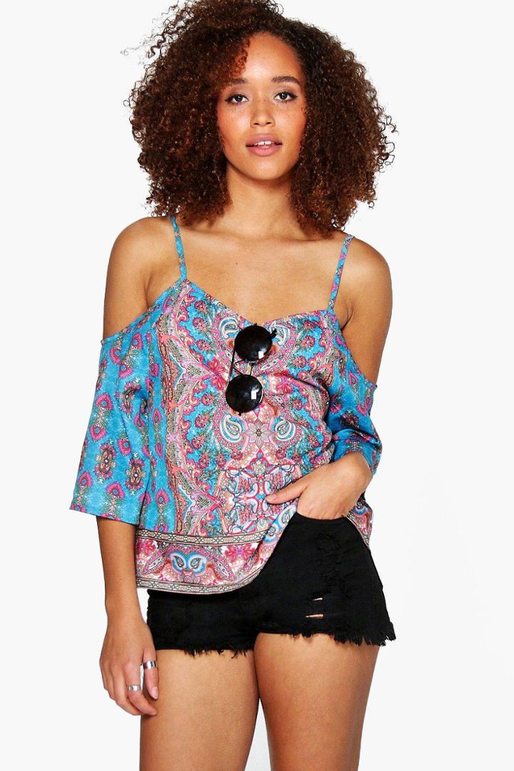 Boohoo Eva Border Print Cold Shoulder Top Multi
