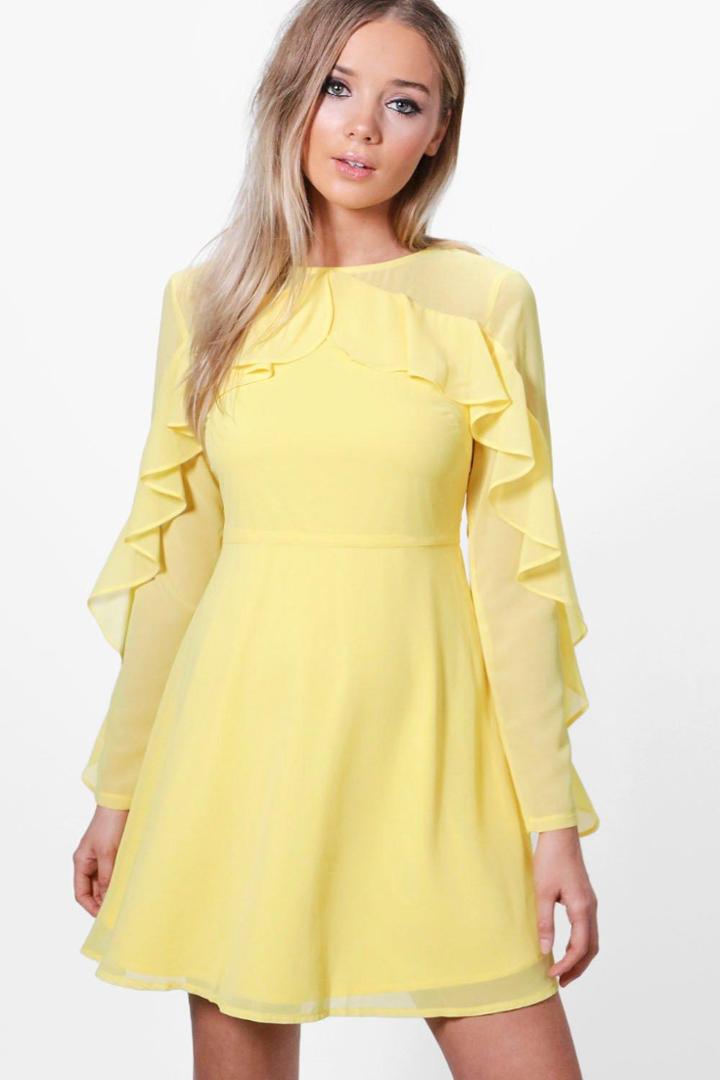 Boohoo Venice Frill Detail Skater Dress Yellow