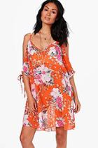 Boohoo Daisy Floral Tie Sleeve Cold Shoulder Beach Dress