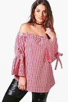 Boohoo Plus Fiona Off The Shoulder Gingham Tie Sleeve Top