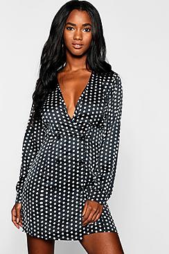 Boohoo Satin Polka Dot Blazer Dress