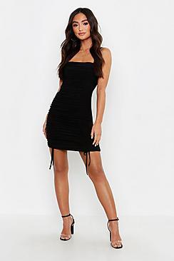 Boohoo Petite Double Slinky Ruched Front Bodycon Dress