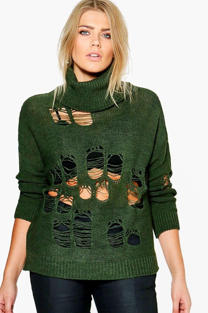 Boohoo Plus Elle Ladder Roll Neck Jumper Khaki