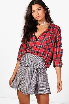 Boohoo Freya Drop Hem Gingham Tie Waisted Mini Skirt