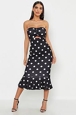 Boohoo Bandeau Polka Dot Midi Dress