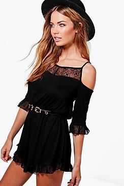 Boohoo Julie Lace Trim Cold Shoulder Playsuit