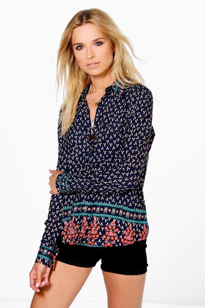 Boohoo Lily Border Print Blouse Navy