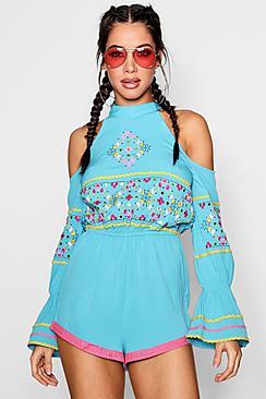 Boohoo Annie Cold Shoulder Embroidered Beach Playsuit