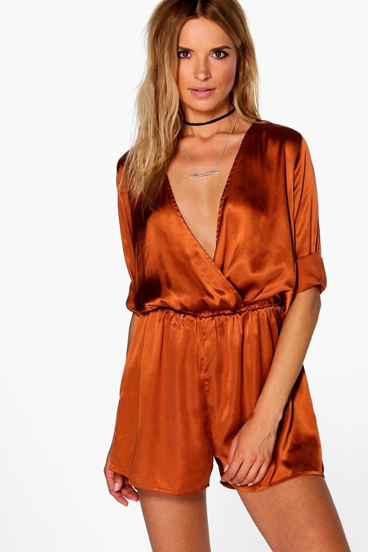 Boohoo Jennifer Satin Playsuit Turmeric