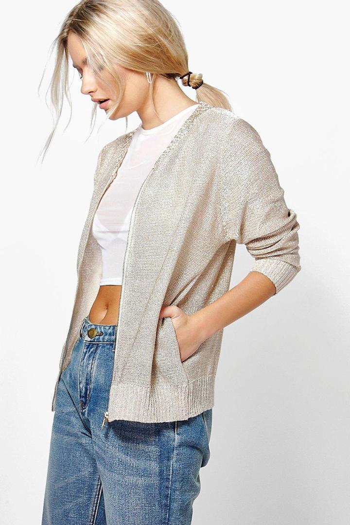 Boohoo Annabelle Metallic Knit Bomber Jacket Gold