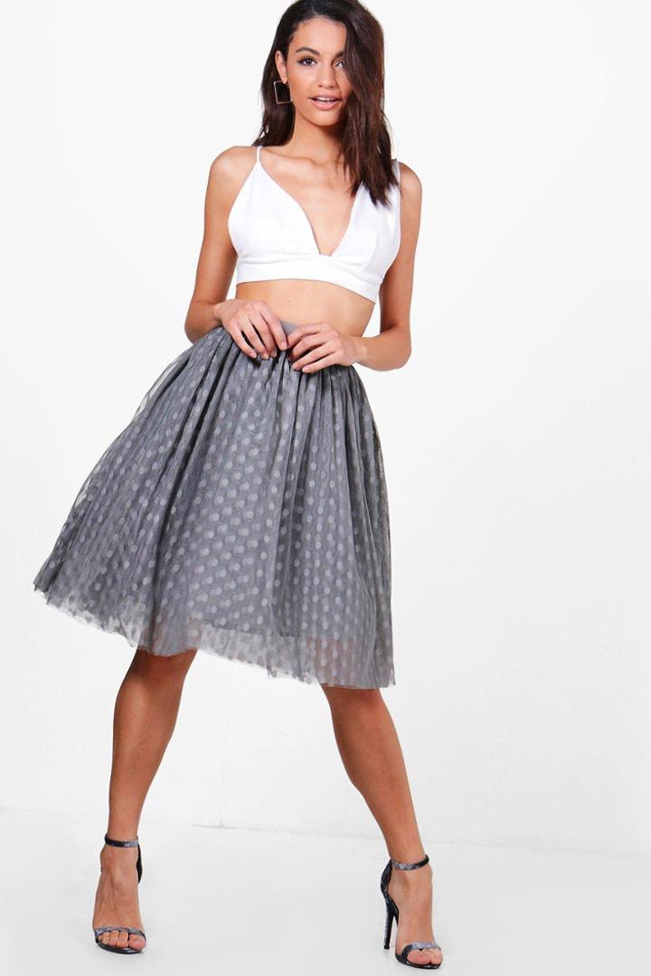 Boohoo Boutique Indira Polka Dot Tulle Full Midi Skirt Dove