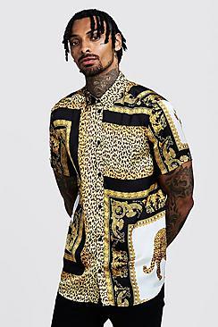 Boohoo Leopard Tile Print Short Sleeve Satin Shirt