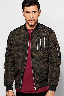 Boohoo Camo Multi Zip Ma1 Bomber With Badges