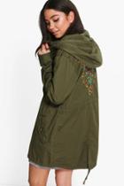 Boohoo Keira Hooded Parka With Back Embroidery Khaki