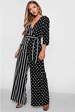 Boohoo Wrap Tie Belt Jumpsuit In Polka Dot