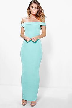 Boohoo Arbella Textured Slinky Off The Shoulder Maxi Dress