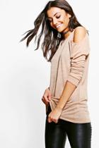 Boohoo Tall Lyda Cold Shoulder Slub Jumper Camel