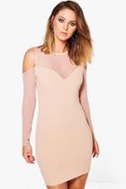 Boohoo Shay Mesh Detail Cold Shoulder Bodycon Dress Stone