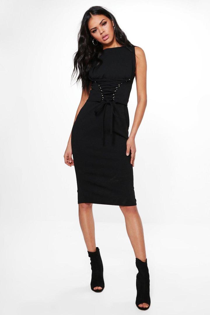 Boohoo Cara Corset Lace Peplum Midi Dress Black