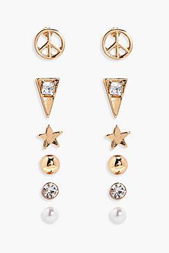 Boohoo Anna Peace And Pearl Mixed Earring Stud 6pk