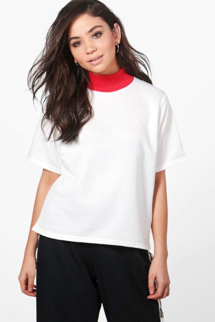 Boohoo Tara Contrast Neck Sweat Top White