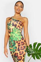 Boohoo One Shoulder Tropical Leopard Midi Dress